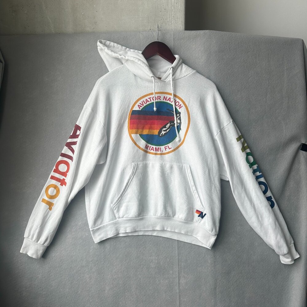 Aviator Nation Hoodie Womens XS White Pullover Graphic Logo Miami Surf